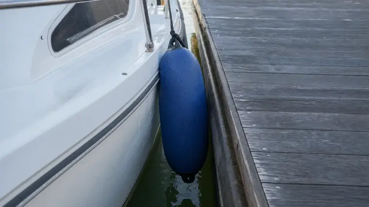 Blauer Fender hängt an einer Leine zwischen der weißen Bordwand eines Motorboots und der Kante eines grauen Holzstegs