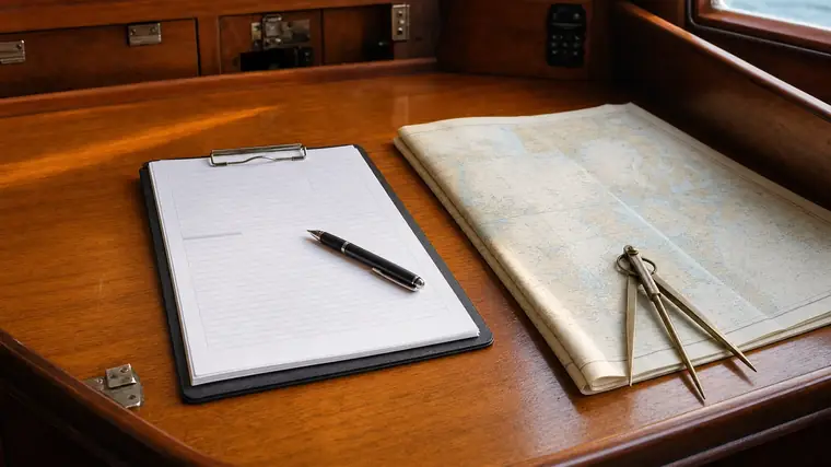 Klemmbrett mit unbeschriebenen Formularen und Stift auf dem lackierten Kartentisch eines Bootes, daneben eine gefaltete Seekarte und ein Stechzirkel