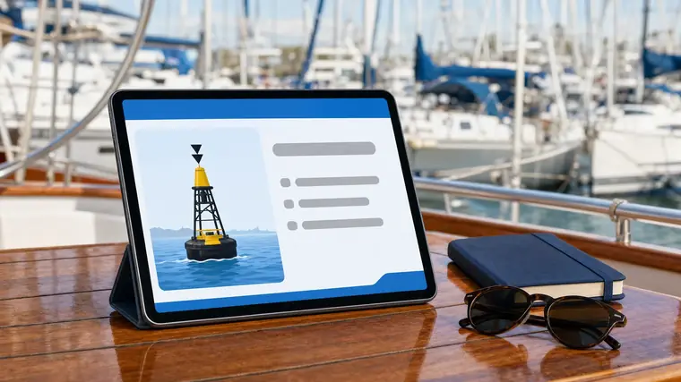 Tablet auf dem Cockpittisch eines Boots zeigt eine Lern-Oberflaeche mit Tonnen-Grafik, dahinter unscharf die Masten einer Marina