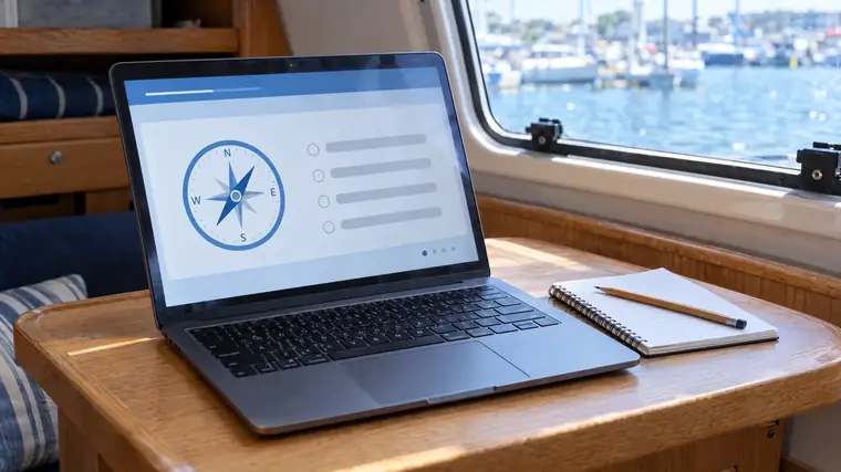 Laptop mit schematischer Lernansicht und Notizbuch auf dem Kartentisch eines Bootes.
