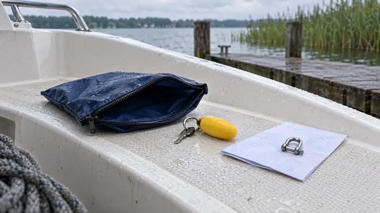 Offene, leere Dokumententasche auf der nassen Sitzbank eines Motorboots, daneben ein Schlüssel mit gelbem Schwimmer, dahinter ein Holzsteg