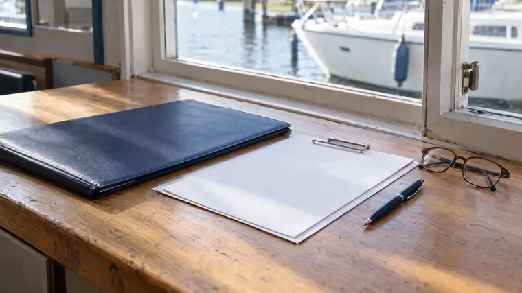 Dunkelblaue Dokumentenmappe mit Papier, Stift und Brille auf einem Tisch am Hafen.