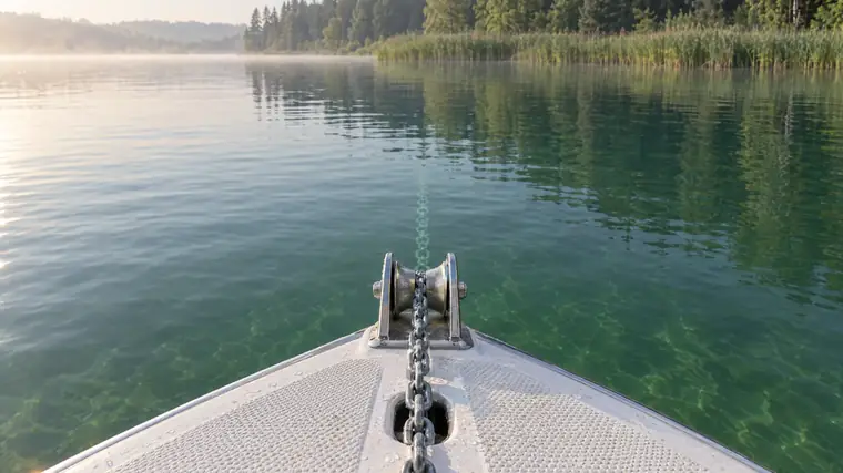 Blick über das Vorschiff eines weißen Motorboots: Die Ankerkette läuft mittig über die Bugrolle geradeaus nach vorn ins klare Wasser eines ruhigen Sees