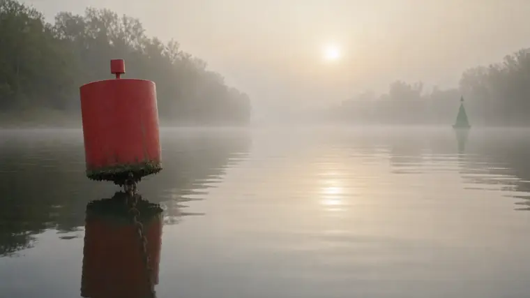 Rote und grüne Fahrwassertonnen auf einem Fluss im Morgennebel