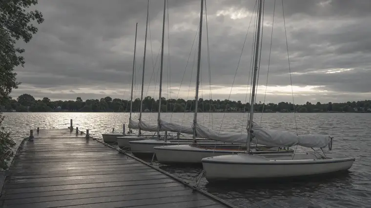 Jollen mit aufgetuchten Segeln am Steg eines Segelvereins am Abend