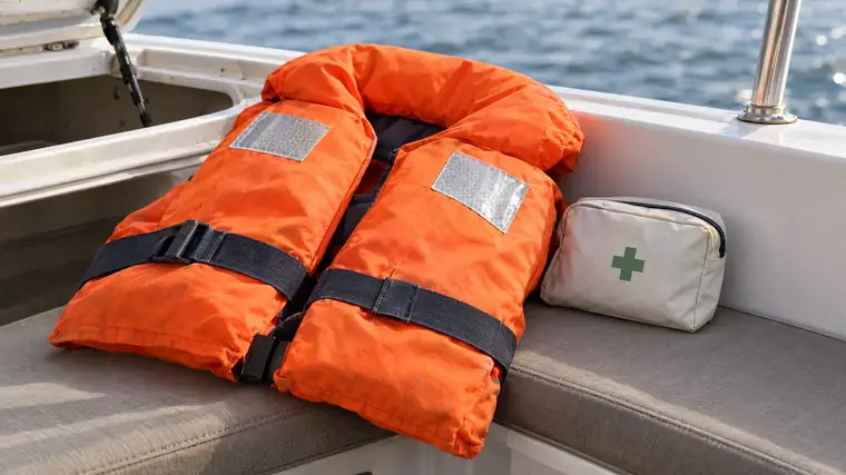 Orange Rettungsweste und heller Erste-Hilfe-Beutel an einer geöffneten Backskiste im Cockpit.
