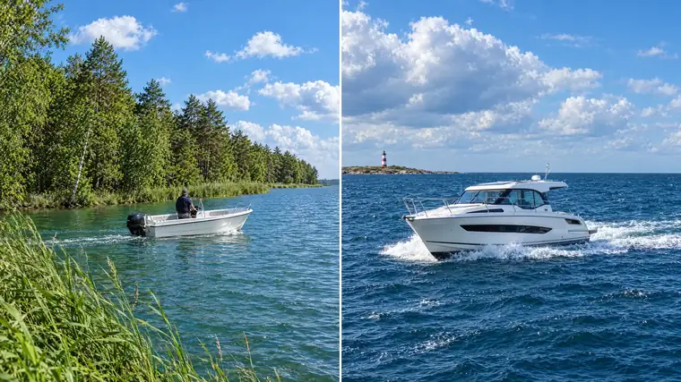 Zwei Bilder nebeneinander: links ein kleines Motorboot auf einem Binnensee, rechts eine Motoryacht auf Küstengewässern.