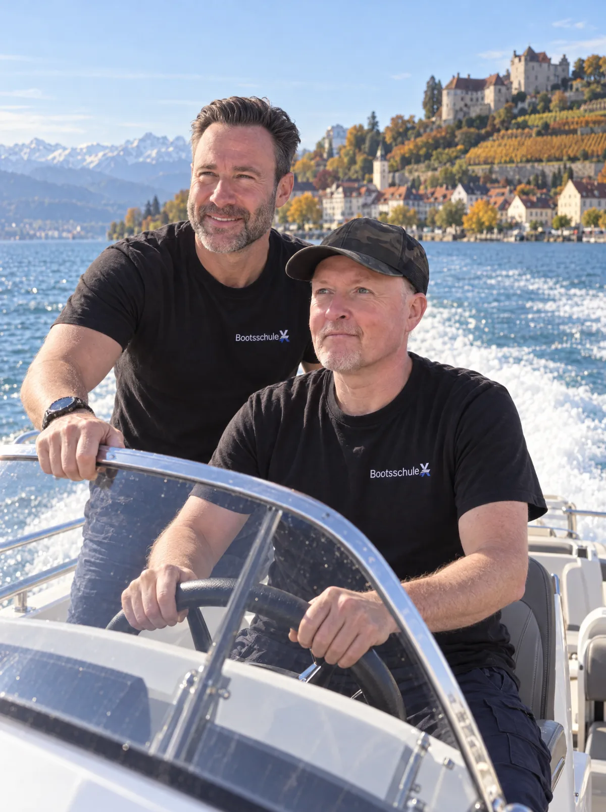 Joey Kelly am Steuer und OttoBulletProof auf einem Motorboot vor Meersburg