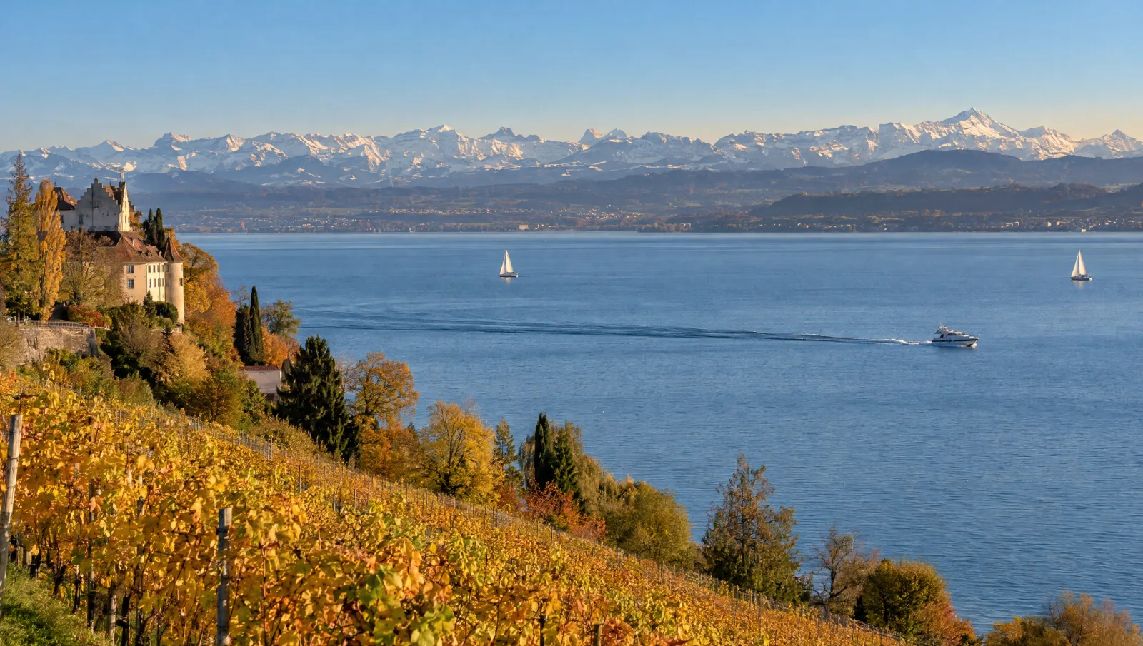 Blick über den Bodensee bei Meersburg auf die Alpen, mit Motorboot und zwei Segelbooten