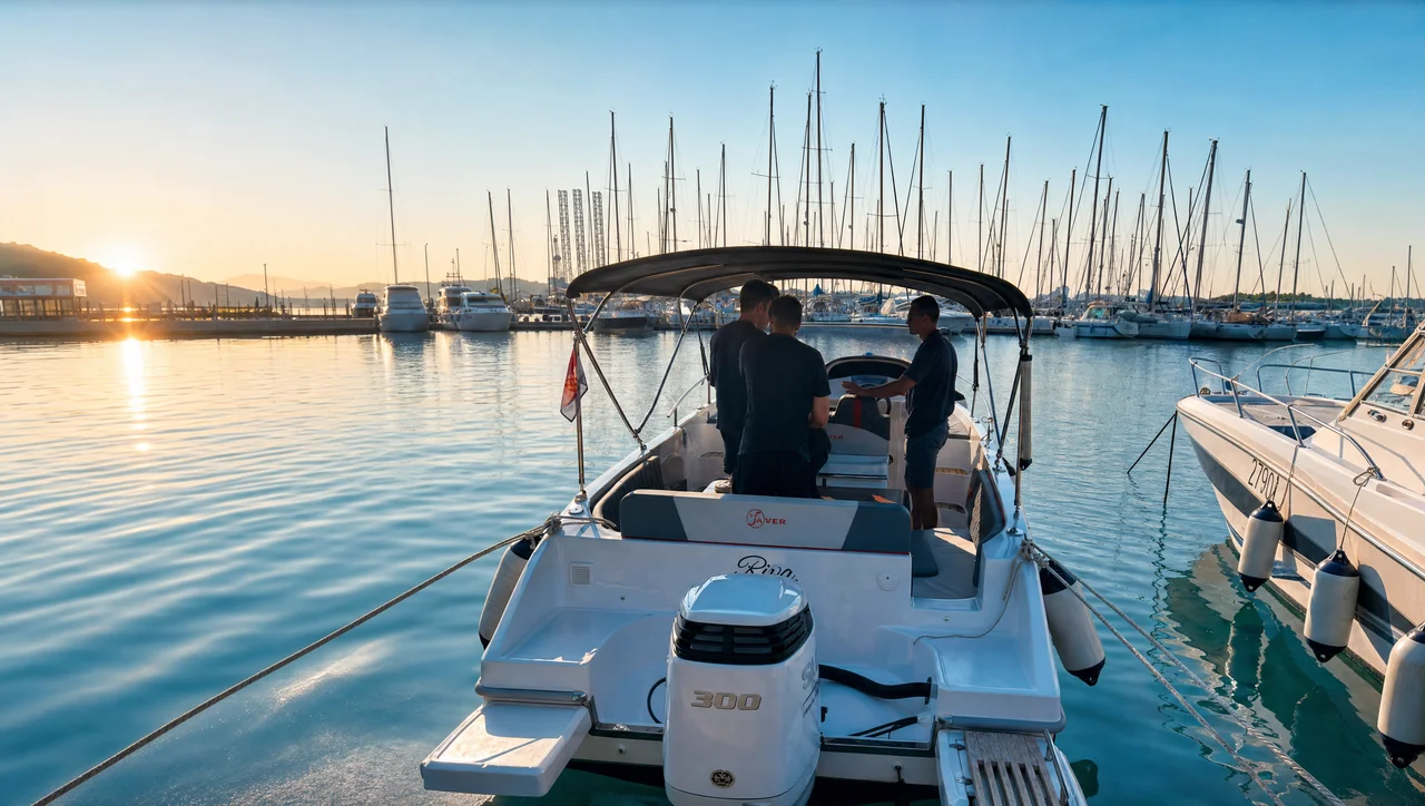 Die Gründer von BootsschuleX auf zwei Booten in einer Bucht der dalmatinischen Küste, Spätsommer 2024.
