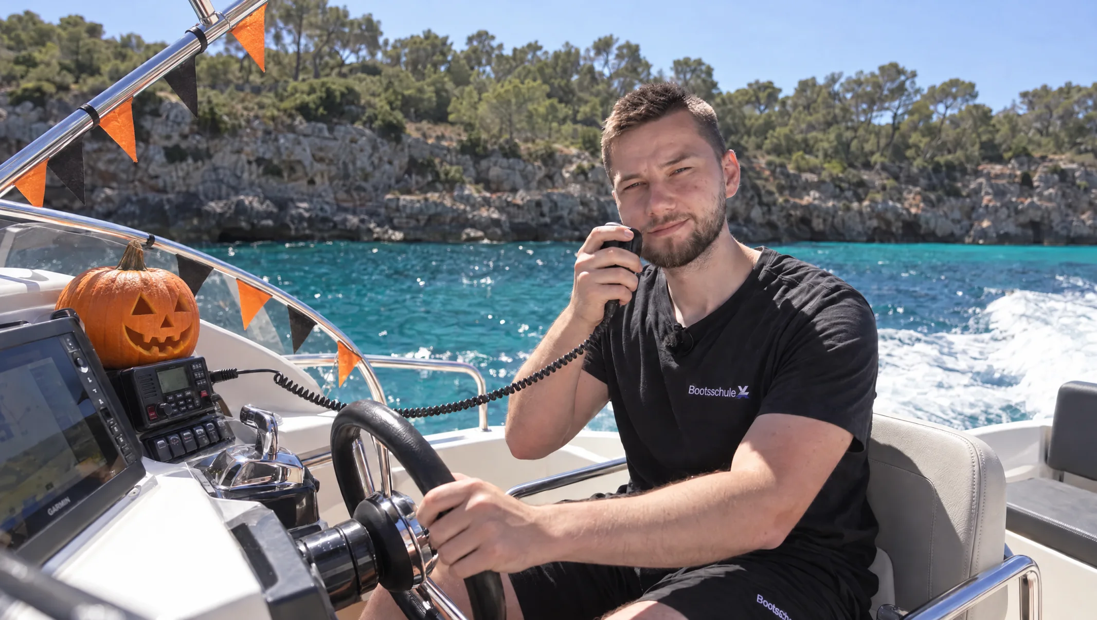 Kevin beim Funken auf einem Motorboot