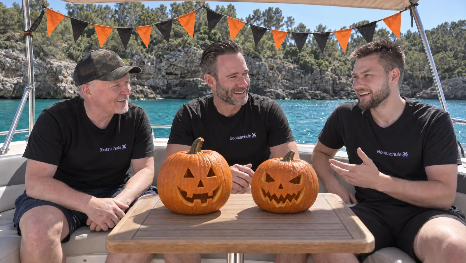 OttoBulletProof, Joey Kelly und Kevin mit Halloween-Kürbissen auf einem Boot