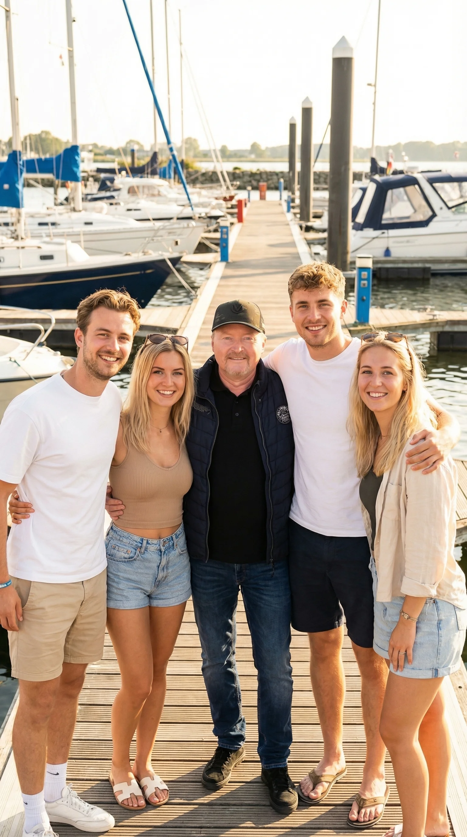 Joey Kelly mit einer Gruppe junger Bootsführerschein-Teilnehmer am Hafen