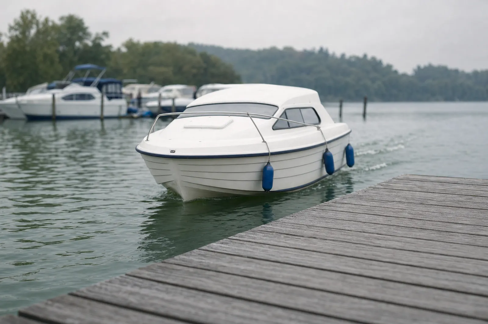 Kleines weißes Kajütboot läuft in spitzem Winkel auf einen grauen Holzsteg zu, drei blaue Fender hängen auf der Stegseite, hinter dem Heck eine kleine Welle, im Hintergrund liegende Boote