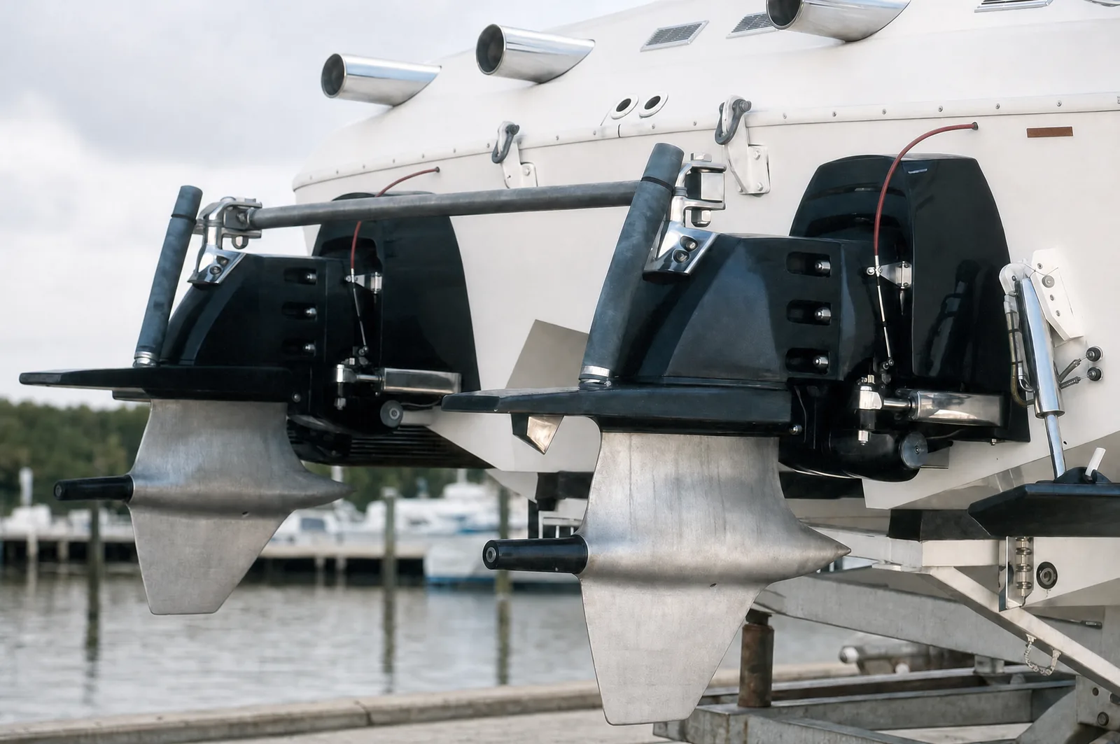 Zwei schwarze Z-Antriebe am Heckspiegel eines aufgebockten weißen Motorboots, Schwenklagerung und Trimmzylinder sichtbar, die Propeller sind abgenommen