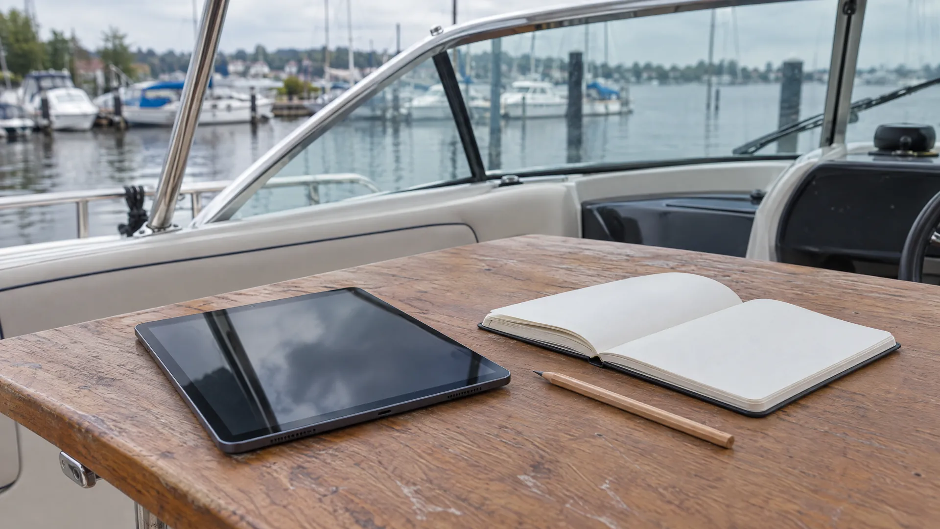 Tablet, Notizbuch und Bleistift auf einem Cockpittisch, dahinter eine Marina