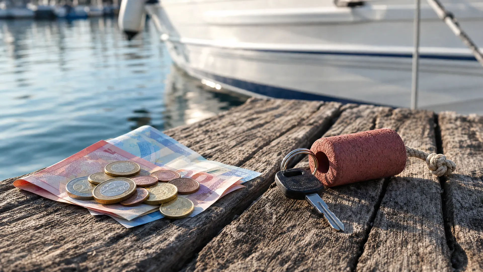 Euro-Scheine und Muenzen neben einem Bootsschluessel mit Korkschwimmer auf den Planken eines Stegs, dahinter der Bug eines Motorboots im Hafen