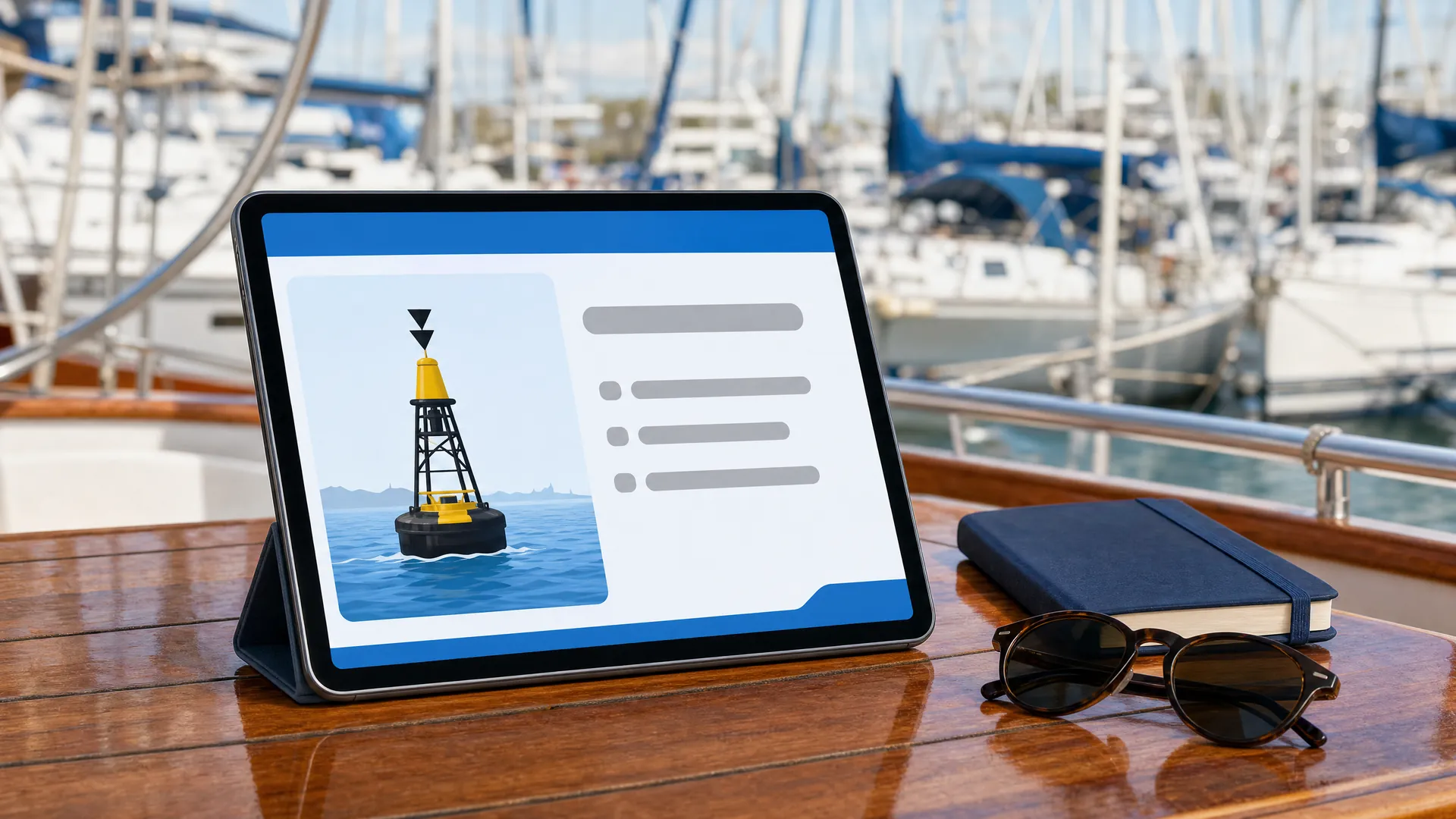 Tablet auf dem Cockpittisch eines Boots zeigt eine Lern-Oberflaeche mit Tonnen-Grafik, dahinter unscharf die Masten einer Marina