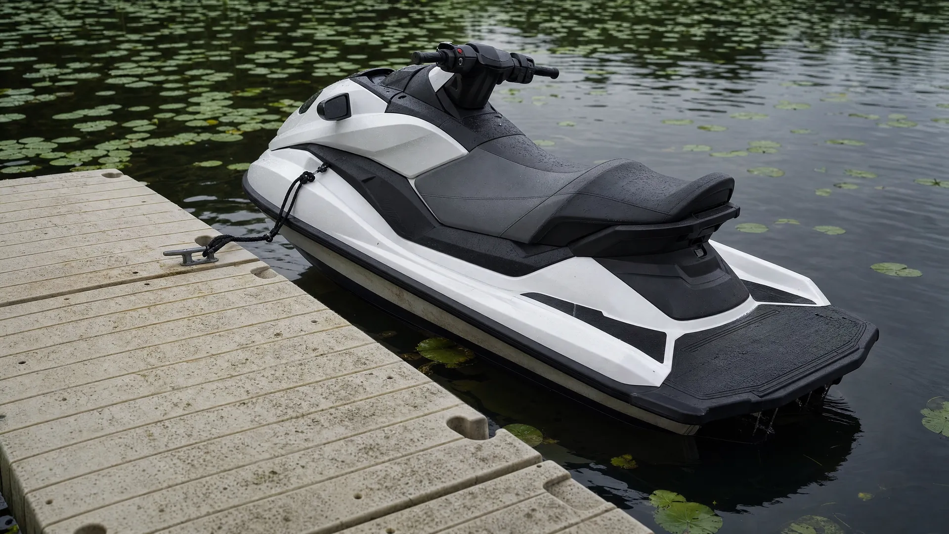 Jetski am Badesteg eines Sees in der Nachmittagssonne