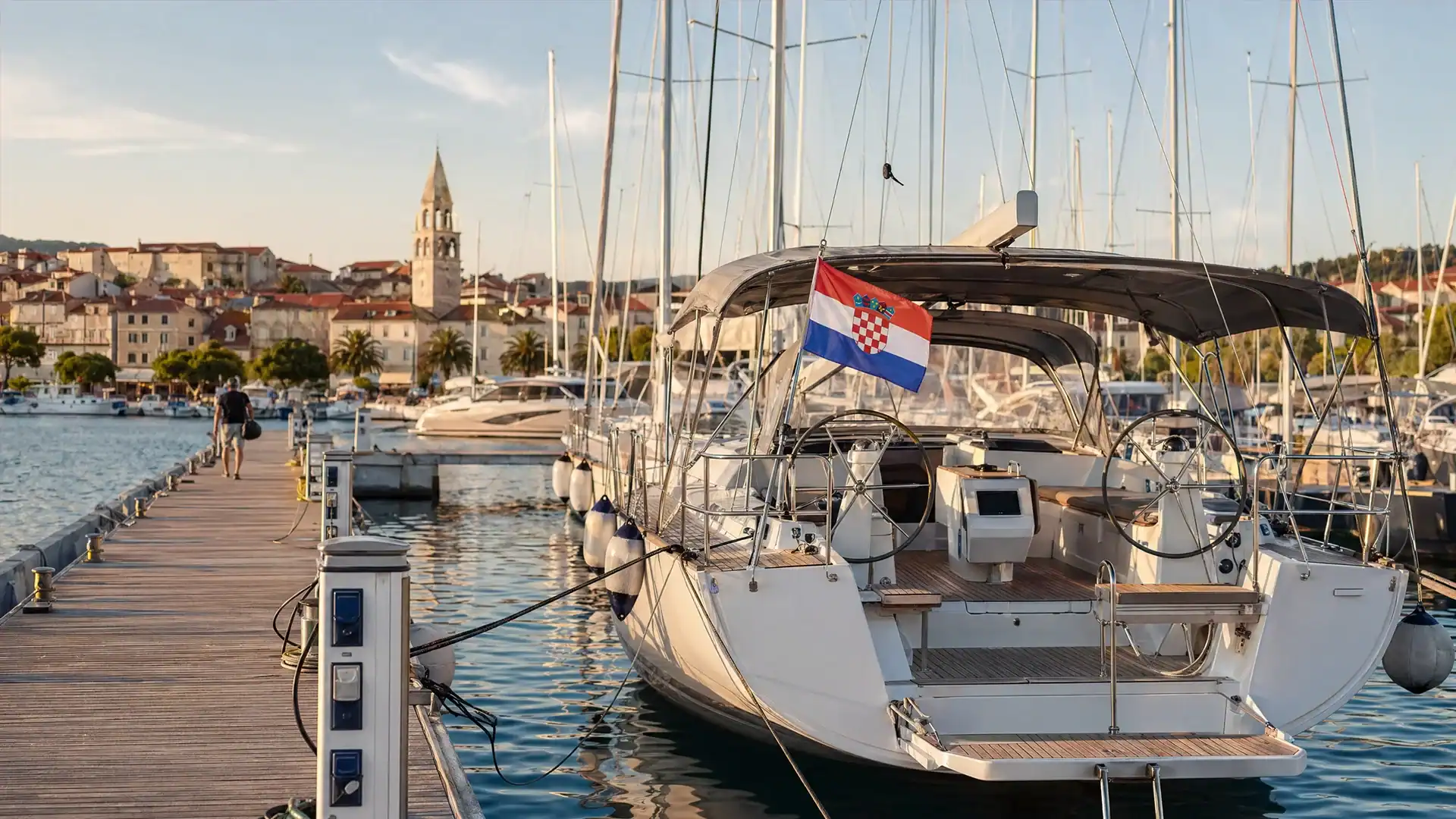 Charteryacht in kroatischer Marina mit kroatischer Flagge