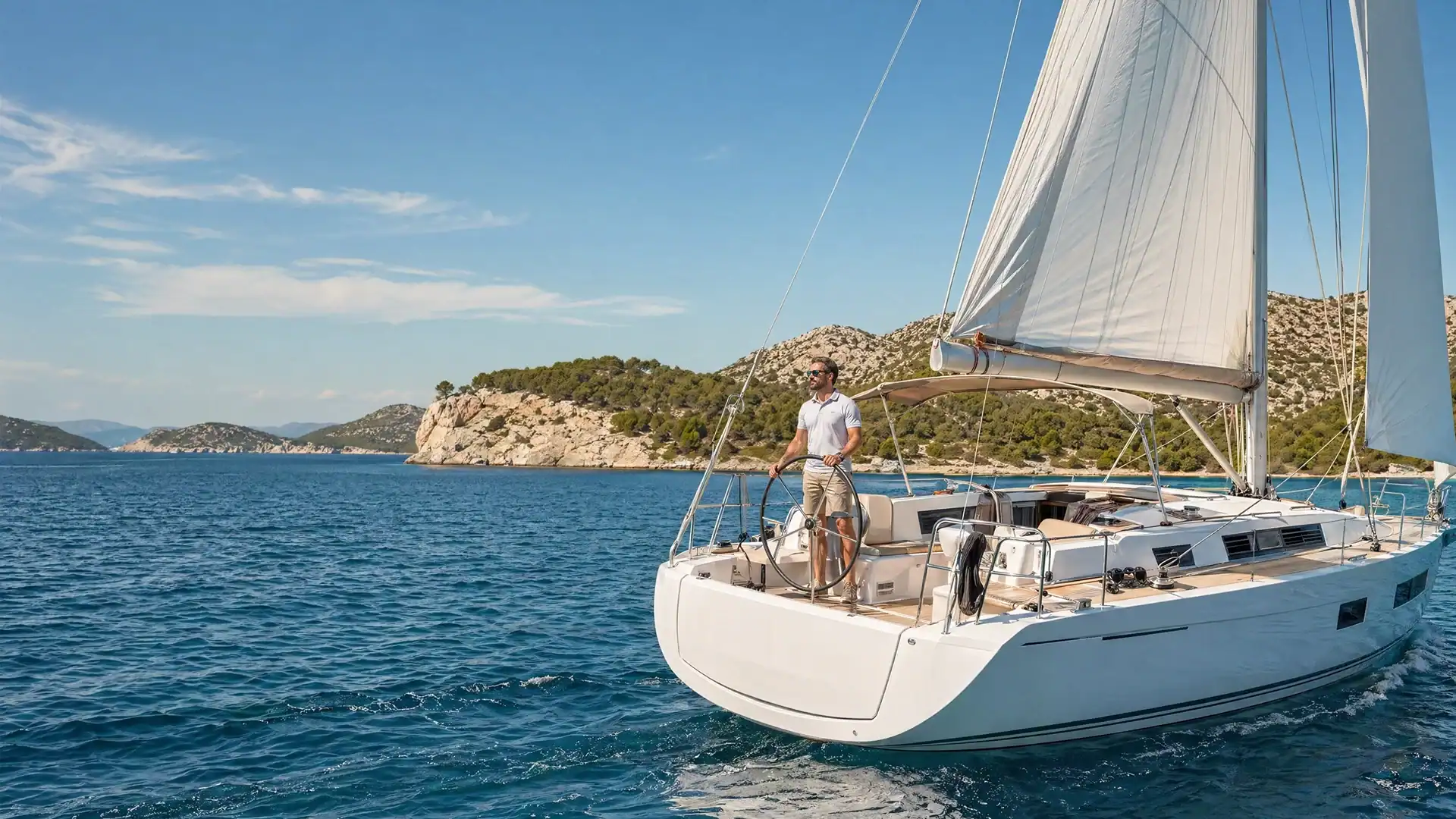 Segelyacht vor der kroatischen Adriakueste mit Skipper am Ruder