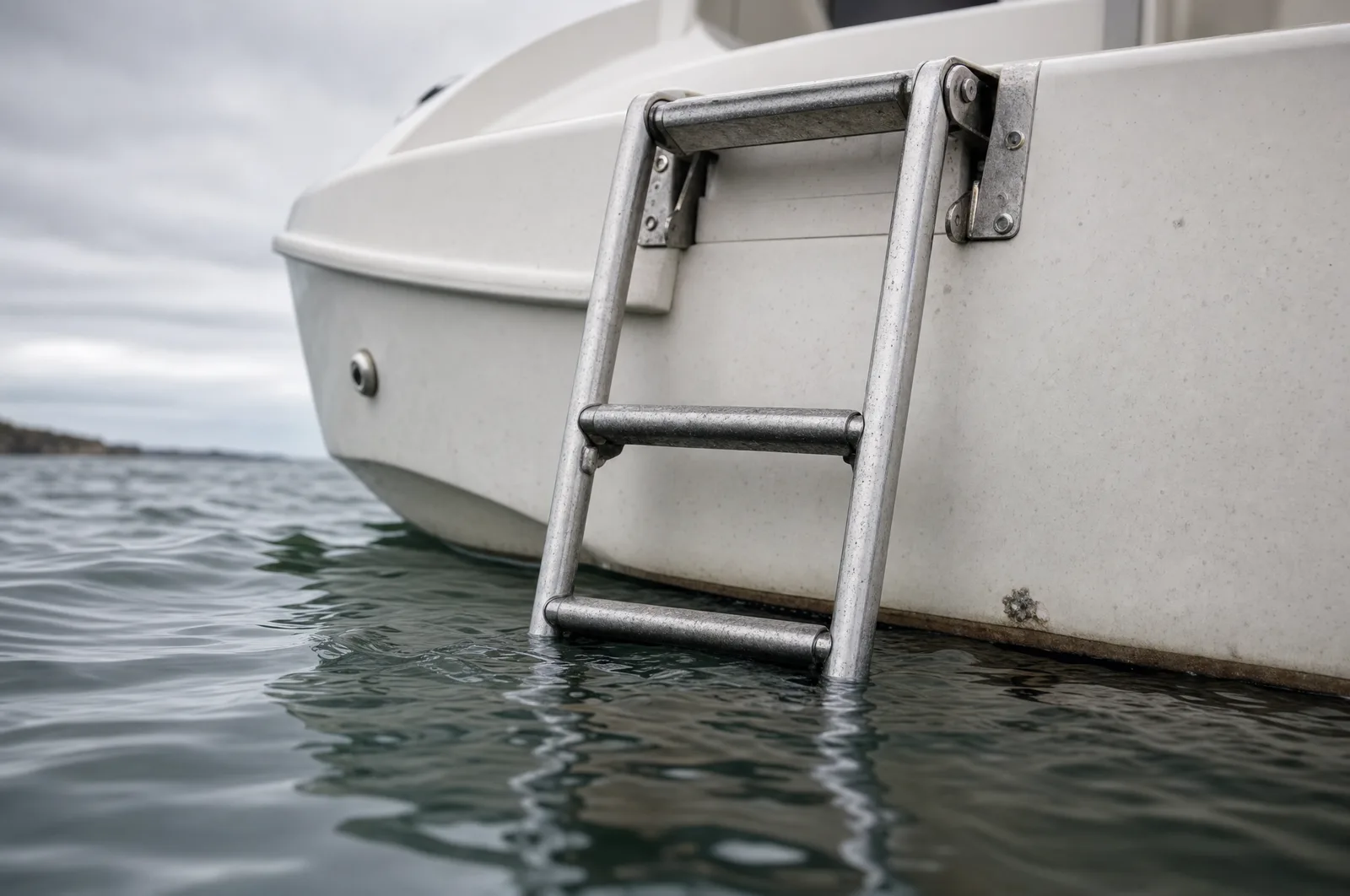 Ausgeklappte Edelstahl-Badeleiter am weißen Heck eines Motorboots, die unteren beiden Stufen stehen im grünlichen Wasser