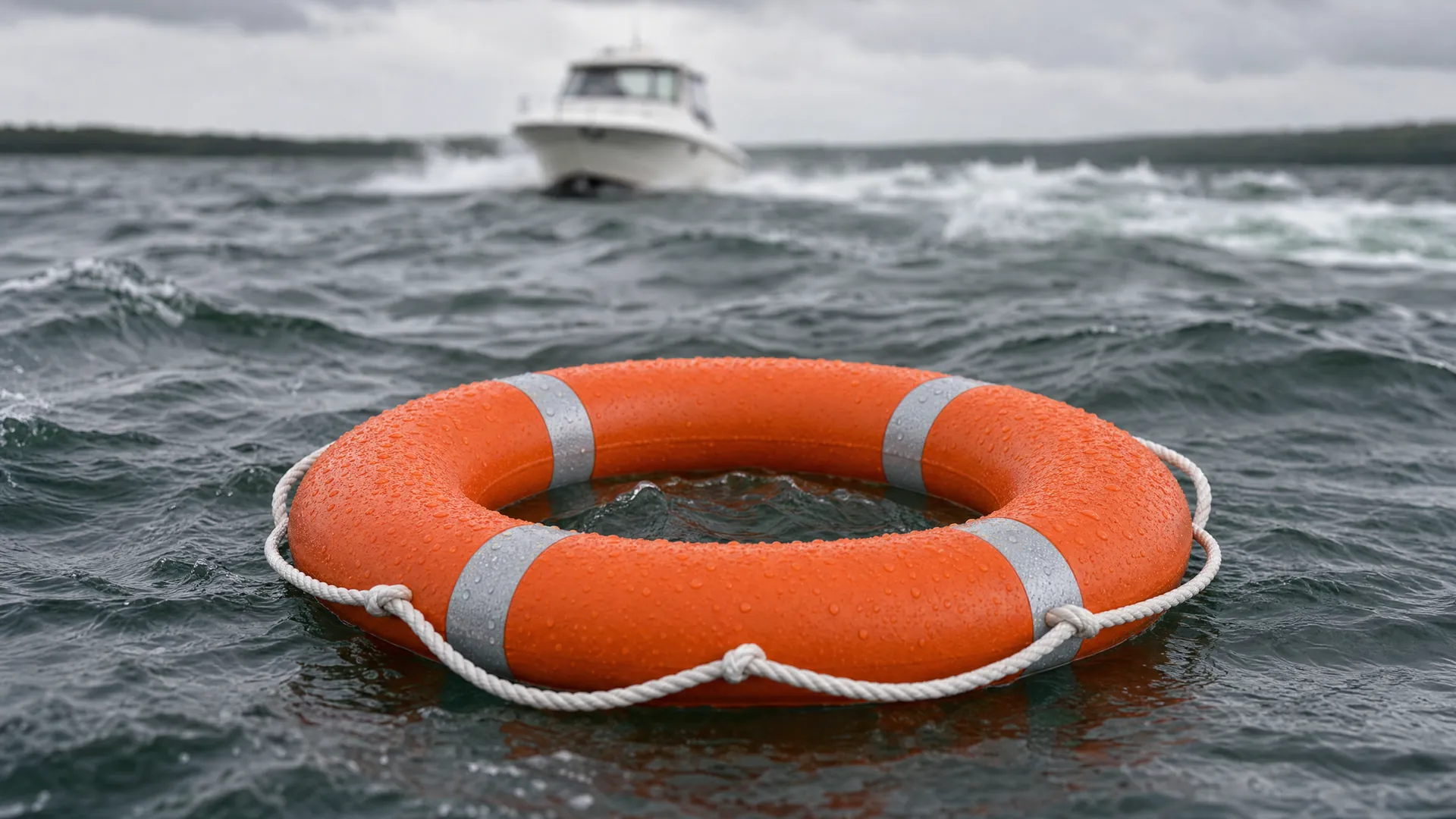 Orangefarbener Rettungsring treibt im aufgewühlten Wasser, dahinter dreht ein Motorboot zurück