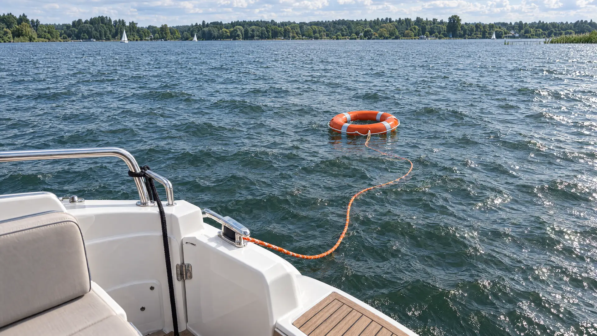 Orangefarbener Rettungsring treibt auf bewegtem Wasser, die Leine führt zurück zum Heck des Motorboots.