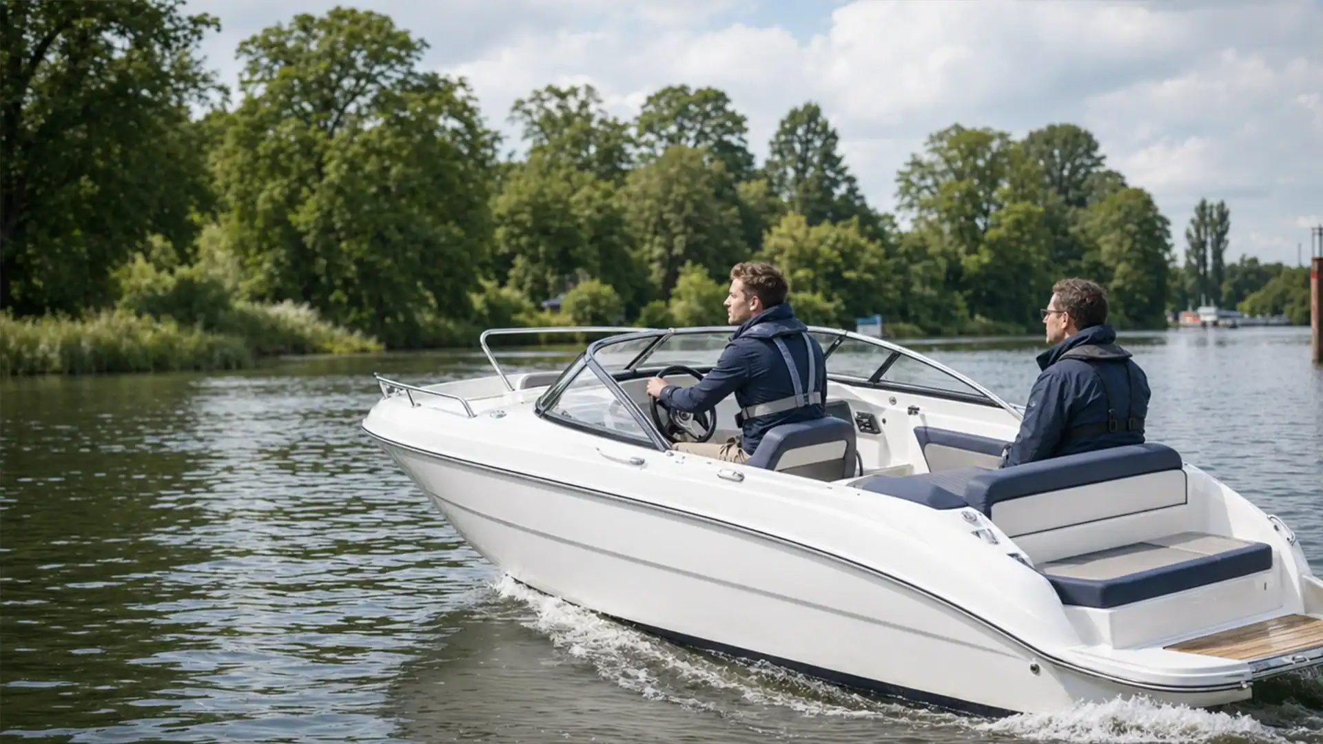 Motorboot bei der praktischen SBF Binnen Prüfung auf einem Binnengewässer