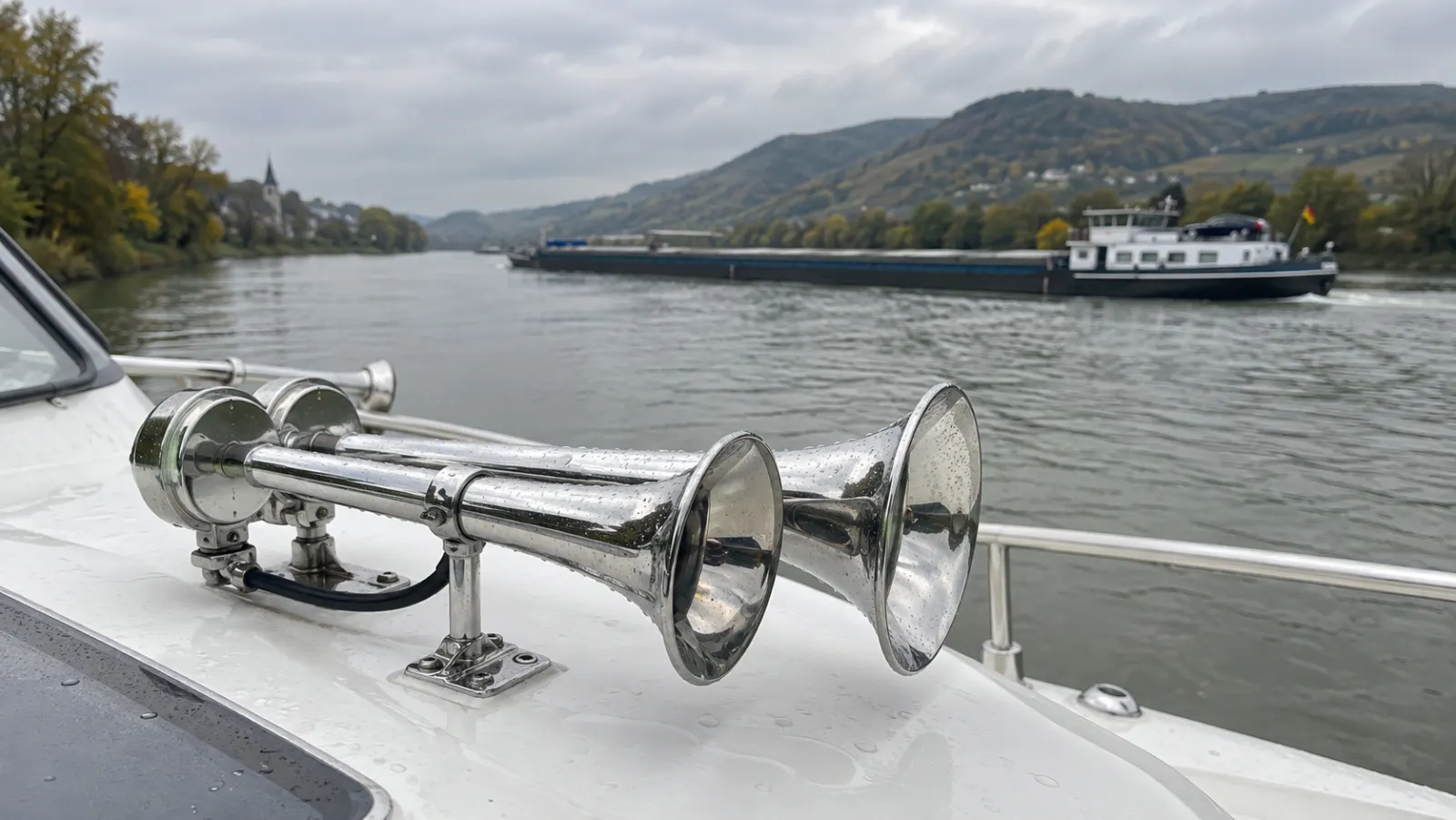 Zwei verchromte Signalhörner auf dem Vordeck eines weißen Motorboots, dahinter fährt auf einem Fluss zwischen bewaldeten Hängen ein Binnenfrachter vorbei