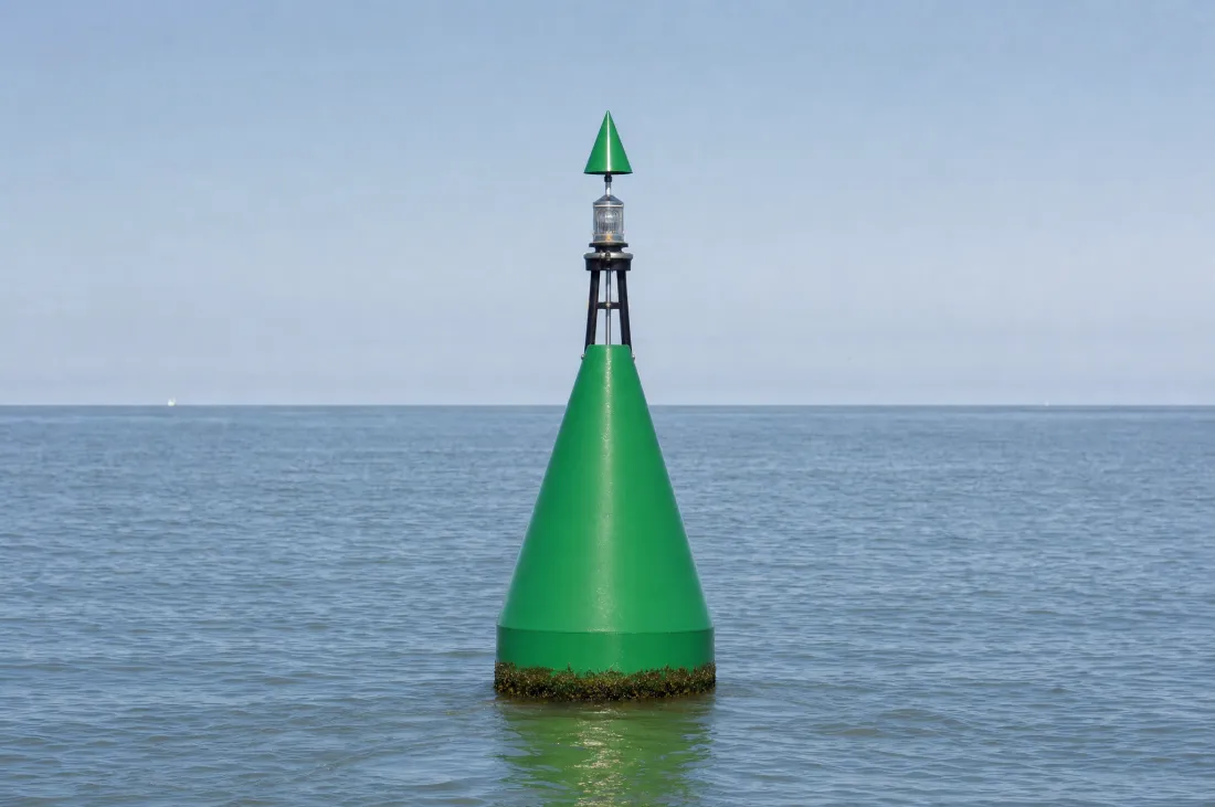 Grüne Spitztonne, die nach oben spitz zuläuft, mit grünem Kegel als Toppzeichen