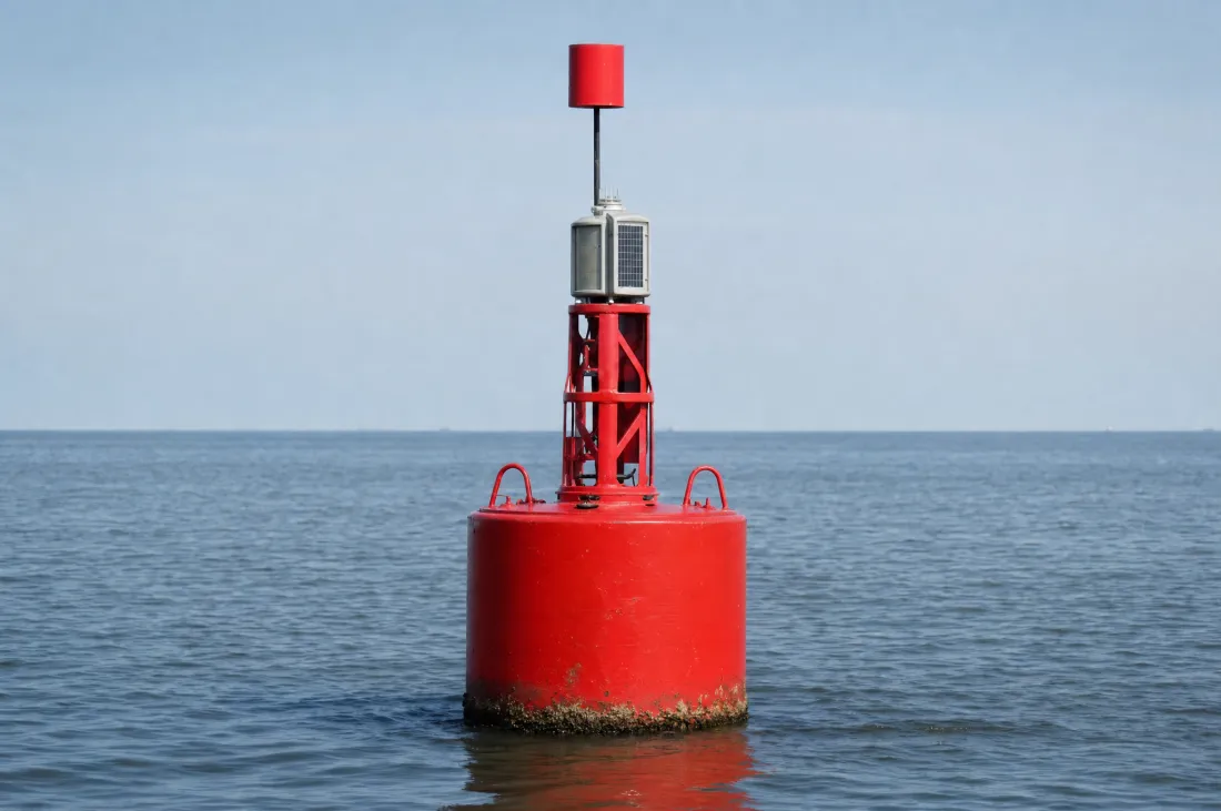 Rote Stumpftonne mit flachem Deckel und einem roten Zylinder als Toppzeichen