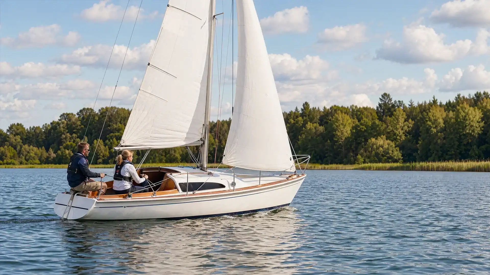 Segelboot auf einem deutschen Binnensee mit gesetzten Segeln