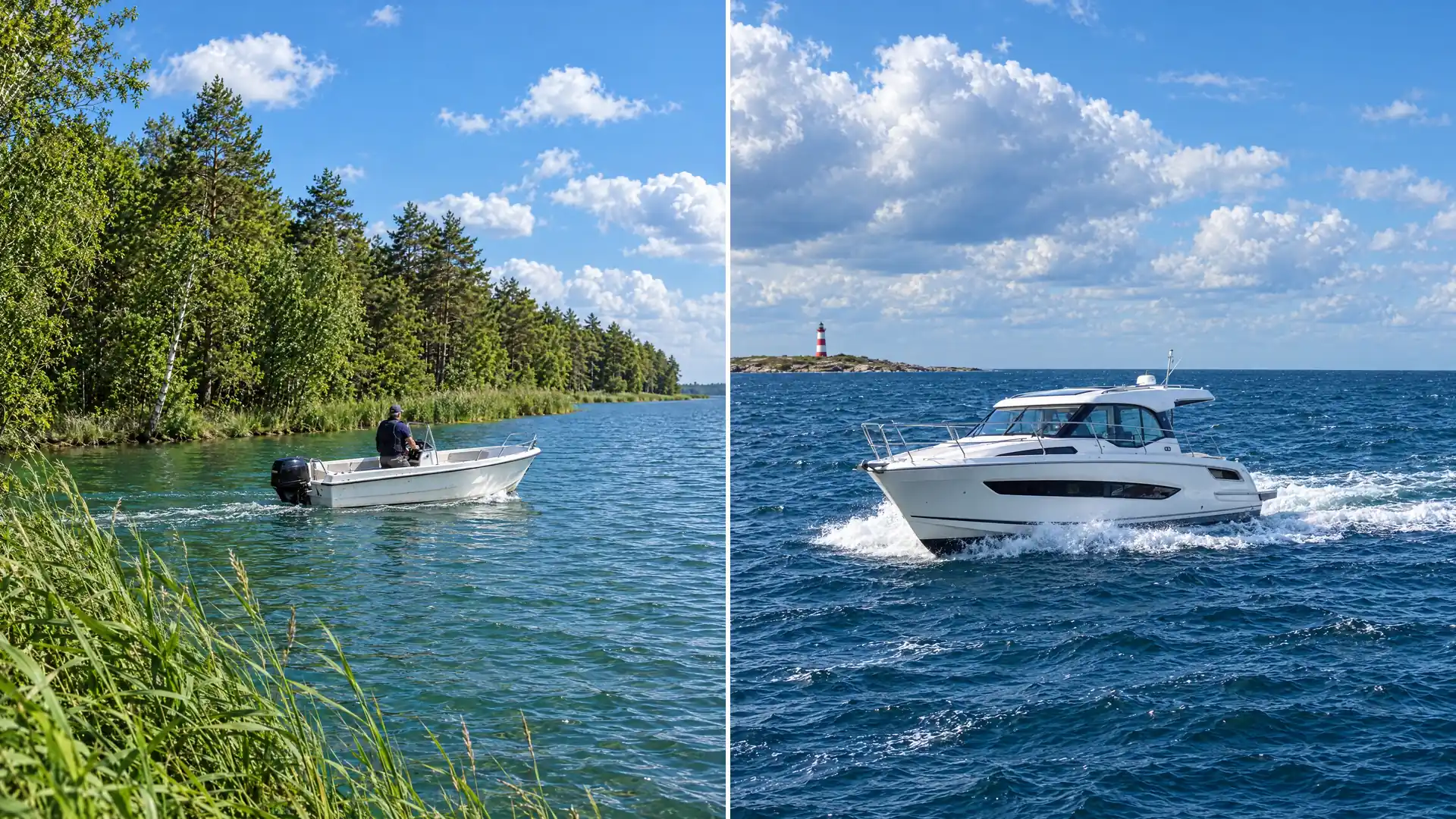 Zwei Bilder nebeneinander: links ein kleines Motorboot auf einem Binnensee, rechts eine Motoryacht auf Küstengewässern.