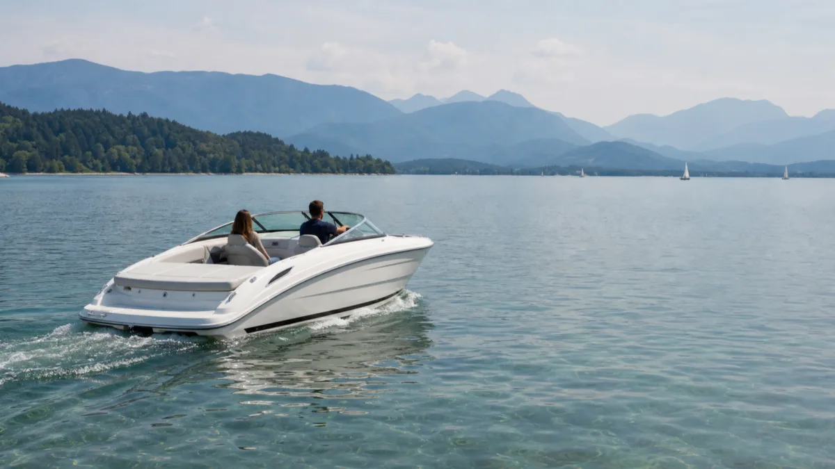 Weißes Sportmotorboot mit zwei Personen von schräg hinten auf einem weiten Voralpensee, in der Ferne bewaldetes Ufer, eine blau gestaffelte Bergkette und einzelne Segelboote