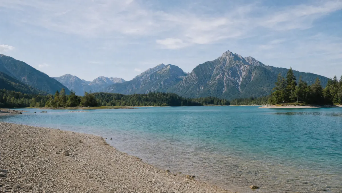 Türkisfarbener Stausee im Allgäu mit flacher Bucht und niedrigen bewaldeten Inseln, dahinter eine klare Kette von Alpengipfeln