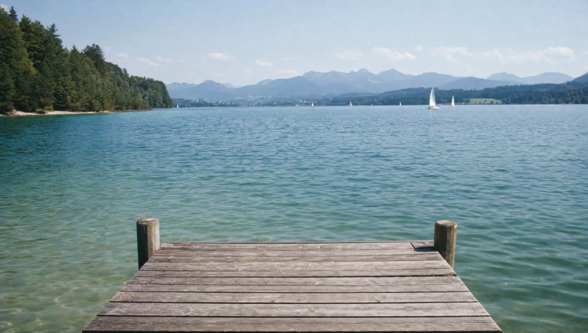 Großer Voralpensee an einem klaren Sommernachmittag, bewaldete Ufer, einzelne weiße Segelboote und am Horizont die dunstige Linie der Alpenkette