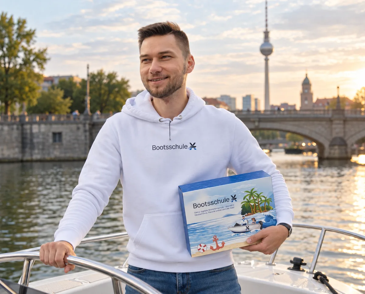 Mann im BootsschuleX-Pullover steht mit der Willkommensbox am Bug eines Motorboots auf der Spree, dahinter eine Steinbrücke und der Fernsehturm