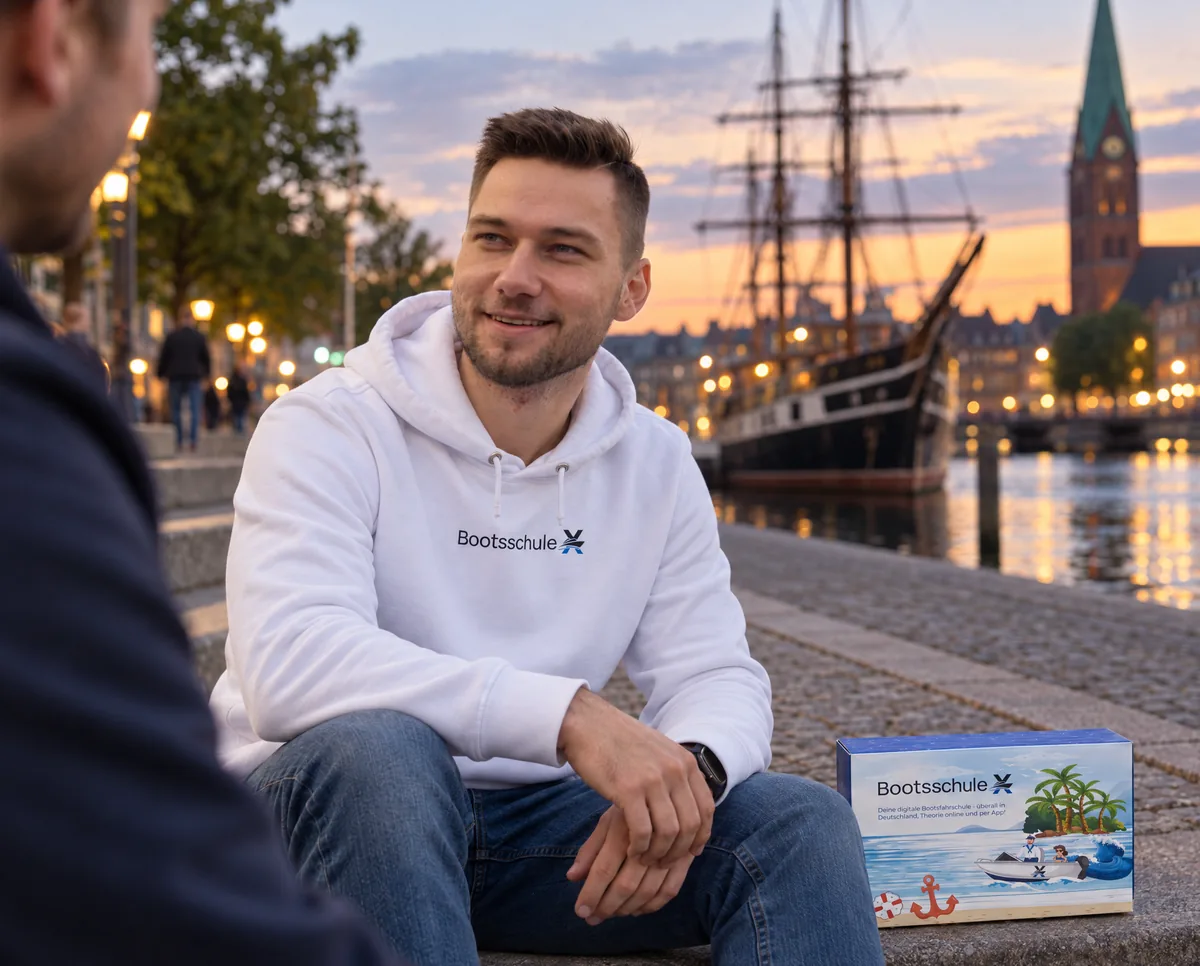 Mann im BootsschuleX-Pullover sitzt am Abend auf den Stufen an der Weser, neben ihm die Willkommensbox, dahinter ein Segelschiff und ein Kirchturm