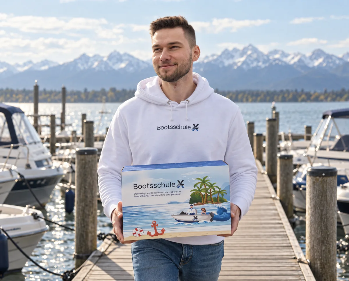 Mann im BootsschuleX-Pullover trägt die Willkommensbox über einen Holzsteg zwischen Motorbooten, dahinter der See und schneebedeckte Berge