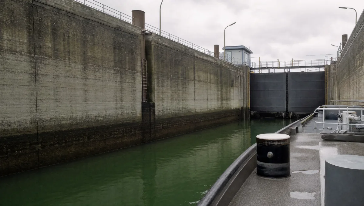 Große Schleusenkammer eines Schifffahrtskanals mit hohen Betonwänden, Wasserlinien an den Wänden, geschlossene Stahltore am Ende und ruhiges Wasser in der Kammer