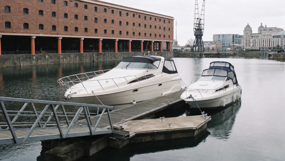 Schwimmsteg mit Klampen und Zugangsbrücke in einem Binnenhafen, zwei weiße Motorboote längsseits, dahinter ein Backsteinspeicher und ein Hafenkran
