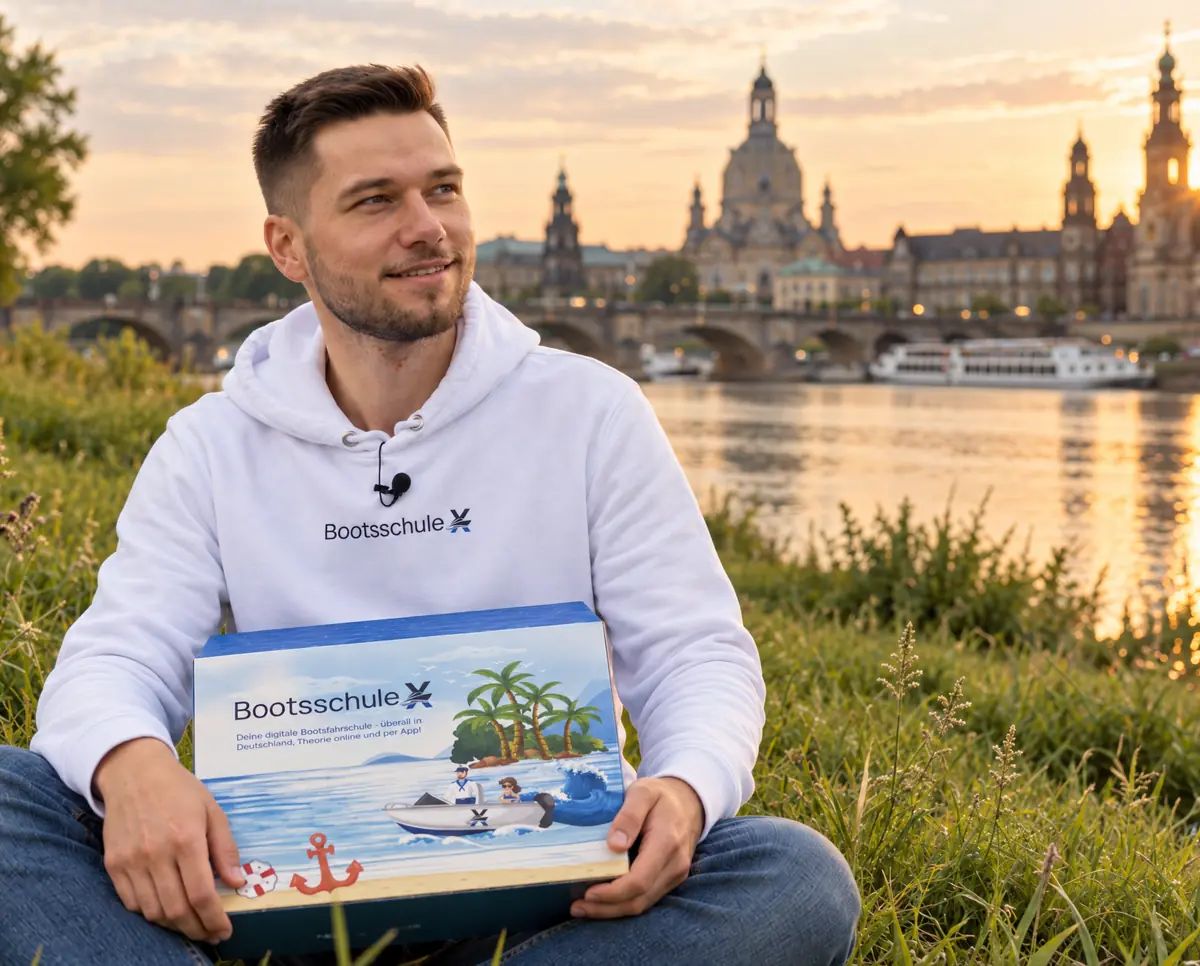 Mann im BootsschuleX-Pullover sitzt mit der Willkommensbox auf den Elbwiesen, dahinter die Altstadt mit Kuppelkirche und Bogenbrücke im Abendlicht