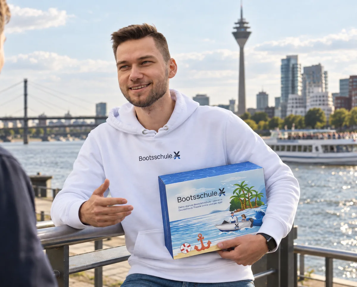 Mann im BootsschuleX-Pullover lehnt mit der Willkommensbox am Geländer der Rheinpromenade, dahinter der Fernsehturm, Bürohäuser und ein Fahrgastschiff