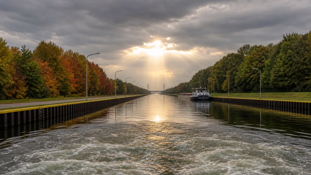 Gerader Schifffahrtskanal mit stählernen Spundwänden, rechts ein Binnenfrachtschiff längsseits am Ufer, herbstlich gefärbte Bäume und Sonne, die durch die Wolken bricht