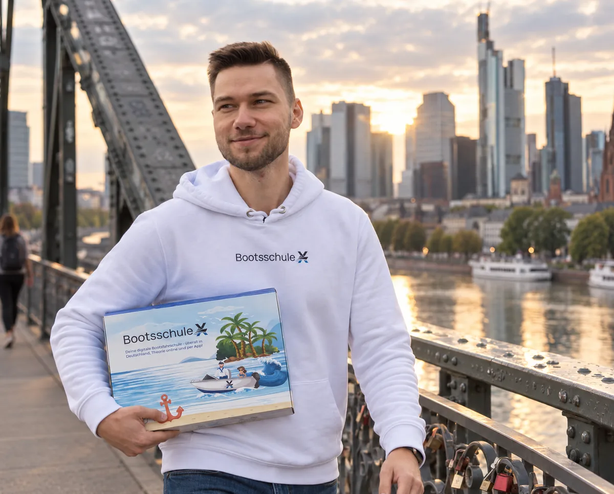 Mann im BootsschuleX-Pullover geht mit der Willkommensbox über eine eiserne Fußgängerbrücke am Main, dahinter die Hochhaus-Skyline