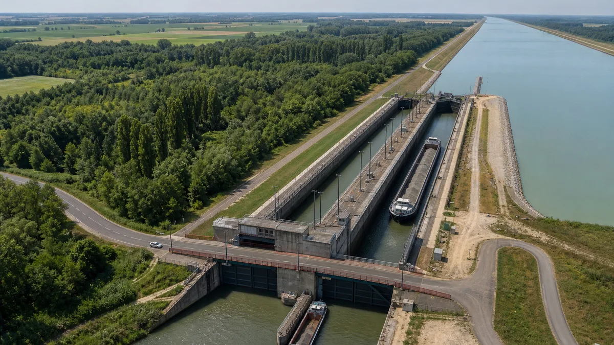 Luftbild einer Doppelschleuse an einem schnurgeraden Schifffahrtskanal: in der rechten Kammer liegt ein beladenes Frachtschiff, über den Schleusenhäuptern führt eine schmale Straßenbrücke, rechts läuft der Kanal zwischen steingesetzten Ufern bis zum Horizont, links Auwald, Pappelreihen und Felder