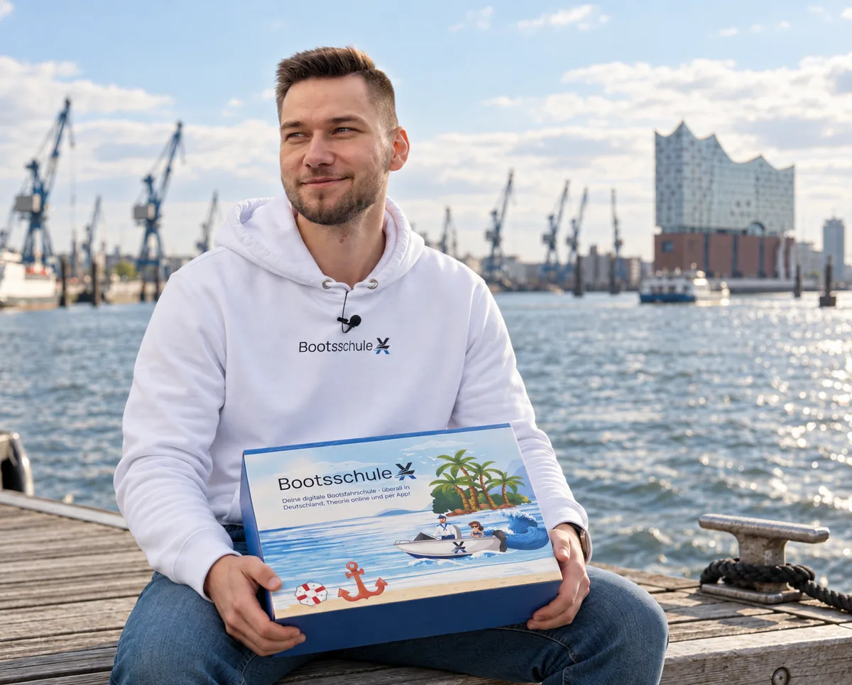 Mann im BootsschuleX-Pullover sitzt mit der Willkommensbox auf einem Ponton im Hafen, dahinter Hafenkräne und ein Konzerthaus mit gewelltem Glasdach