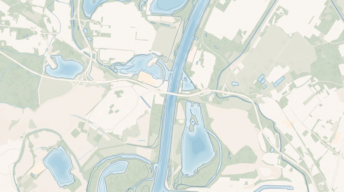 Stilisierte Karte von oben: der breite frei fließende Rhein mit einer Brücke und Hafenbecken am östlichen Ufer