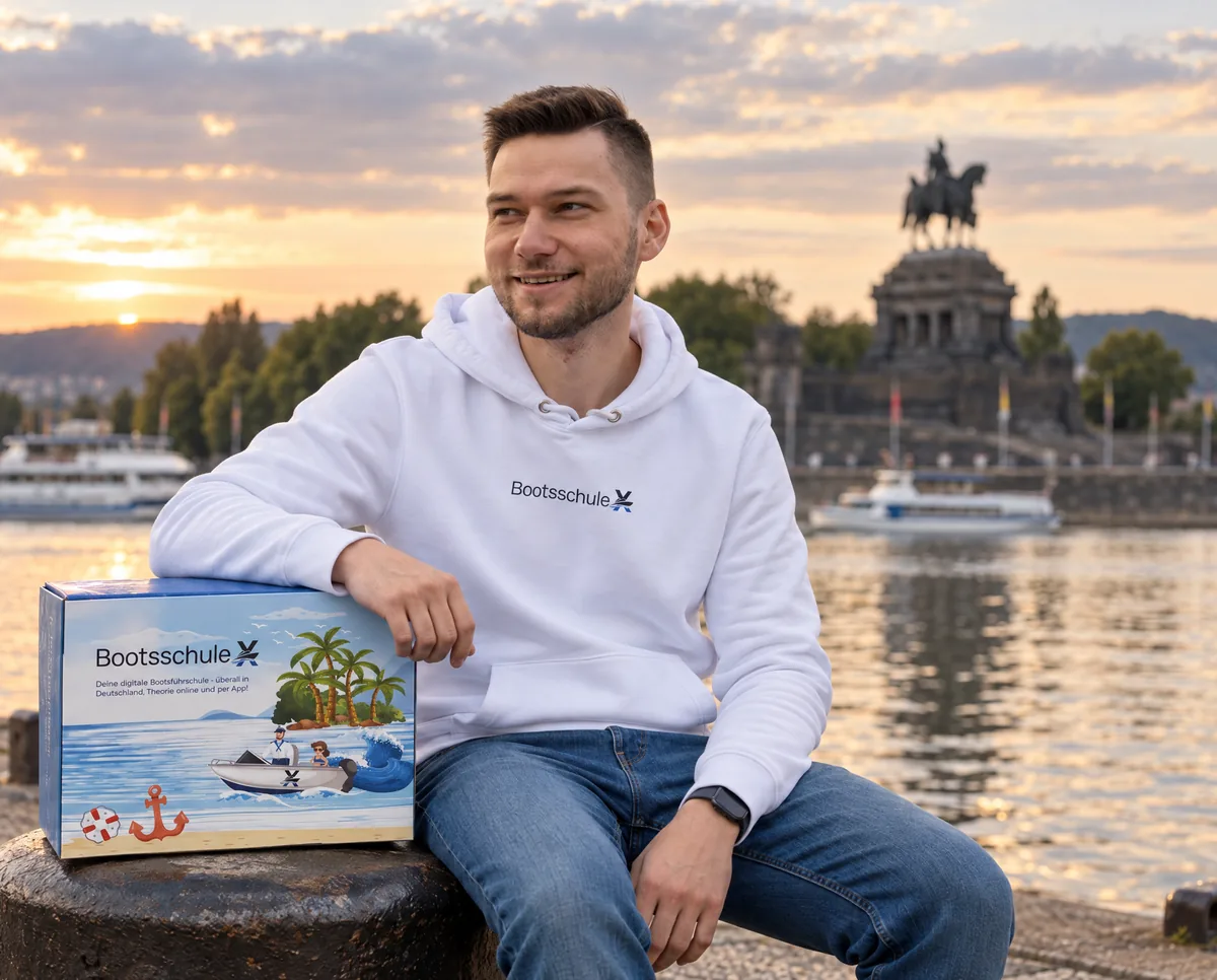 Mann im BootsschuleX-Pullover sitzt auf einem Poller am Flussufer, neben ihm die Willkommensbox, dahinter das Reiterdenkmal auf der Landspitze